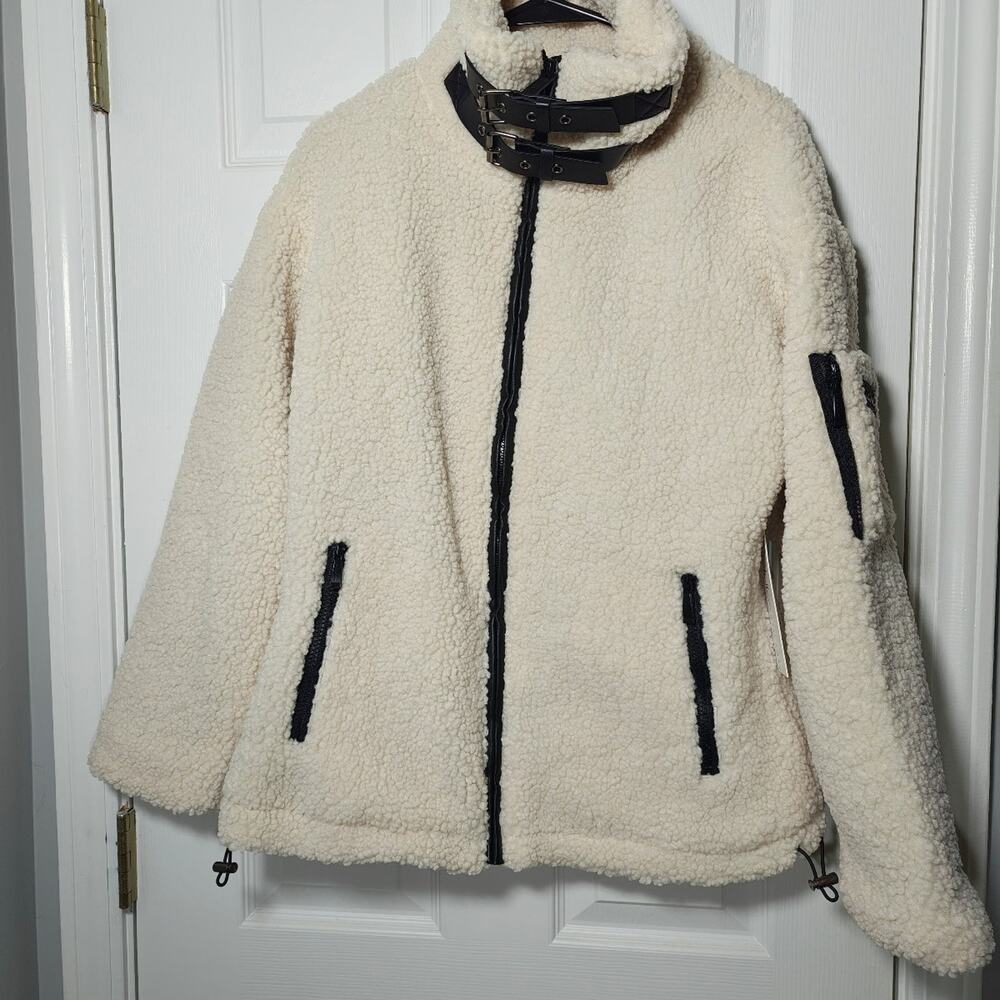 Medium Nicole Miller New York Cream Faux Shearling Moto Jacket Coat NWT